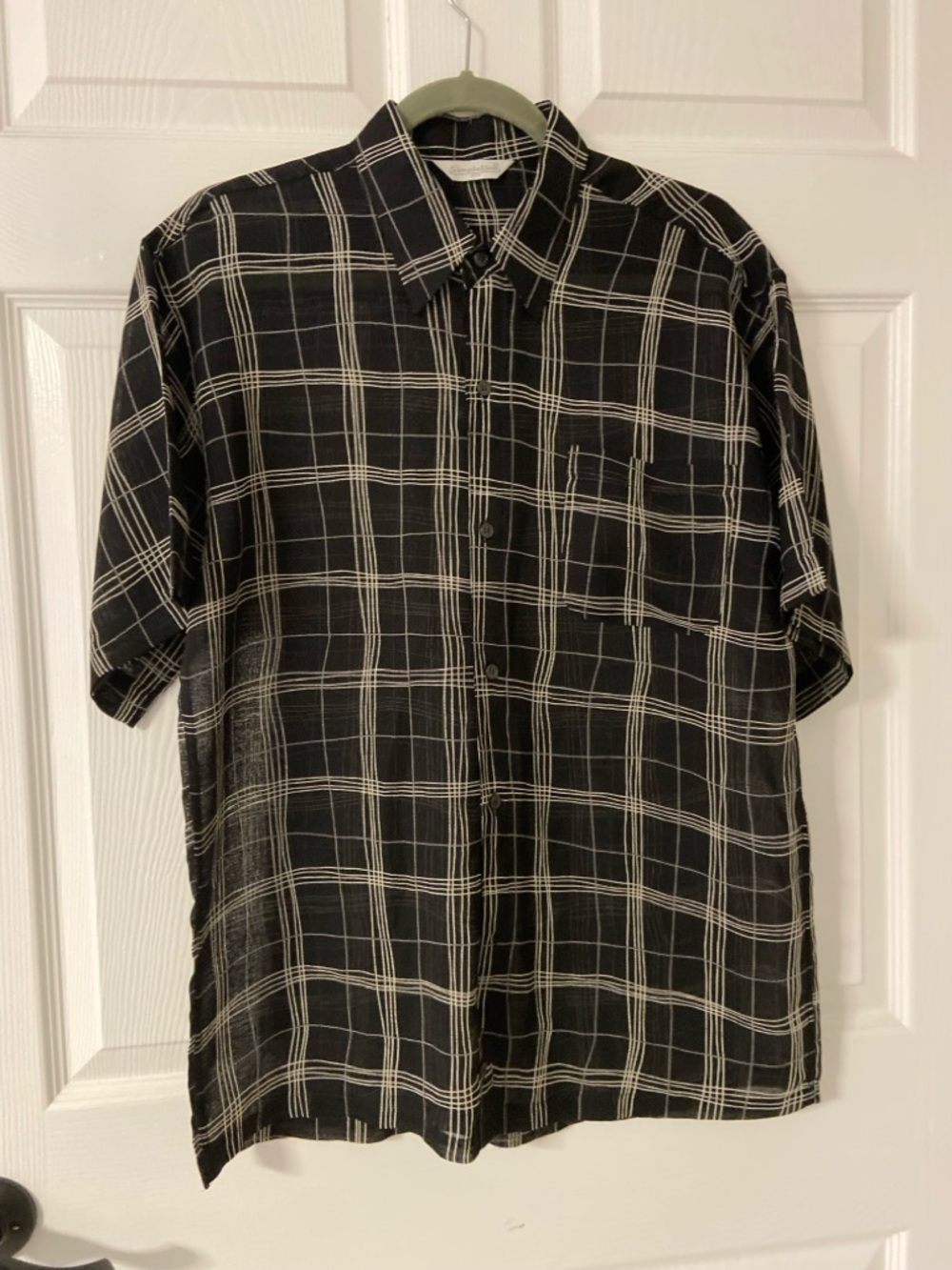 T12- SIMPLE LINE Black Grid Plaid Semi Sheer Button Up Shirt
